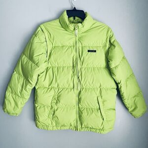 Lands' End Boys Girls Down Puffer Jacket Removable Sleeves Youth L 14-16 Green
